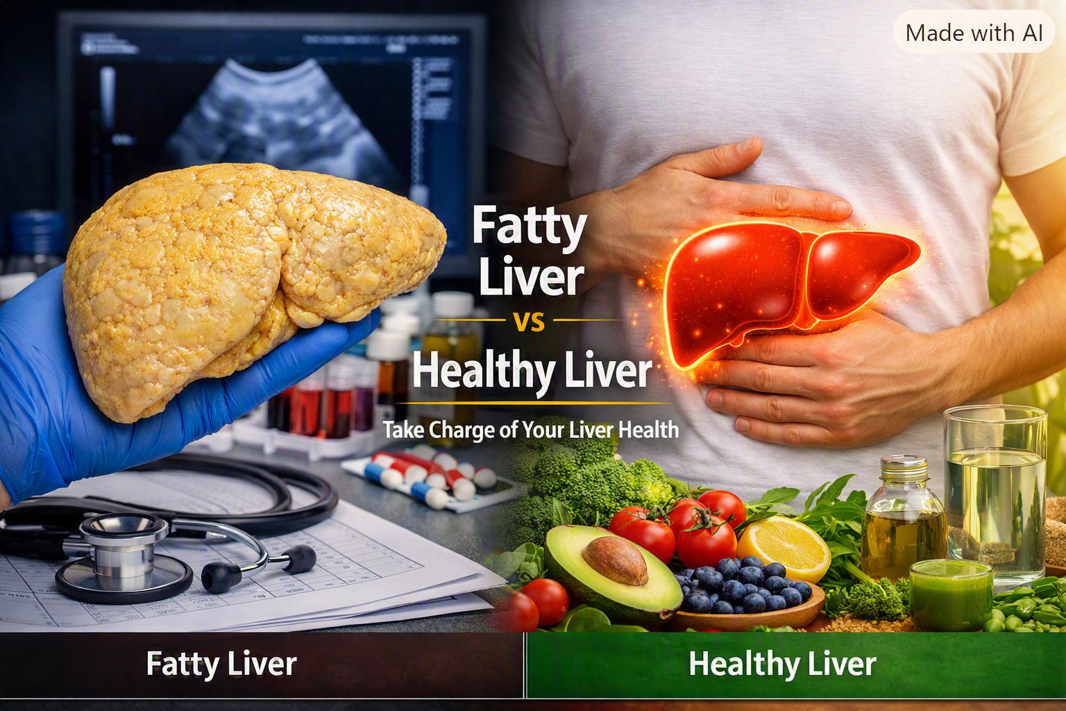 Comparison of a fatty liver versus a healthy liver, alongside liver-friendly foods