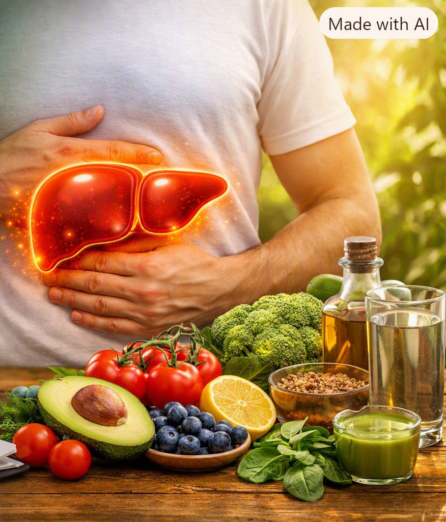 Illustration of the liver's location in the body, surrounded by liver-friendly foods like leafy greens, tomatoes, avocado, and olive oil