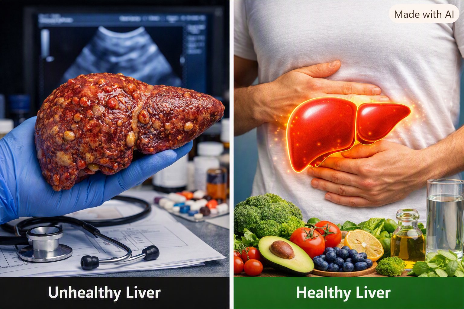 Side-by-side comparison of an unhealthy liver and a healthy liver